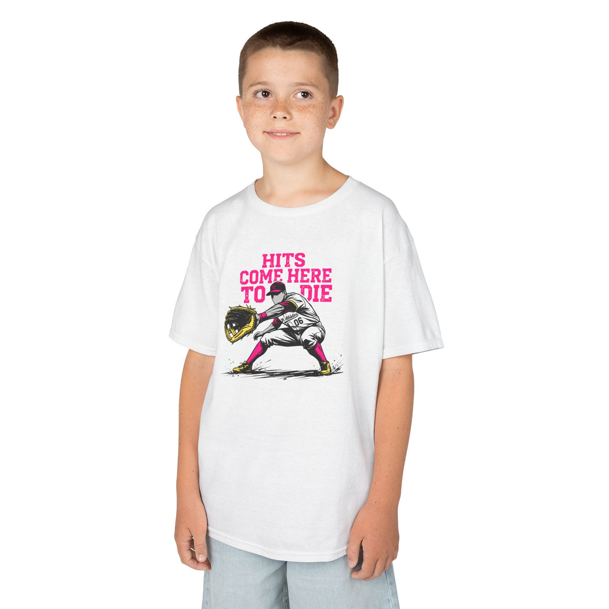 Hits Come Here to Die Infield Youth Baseball Graphic Tee