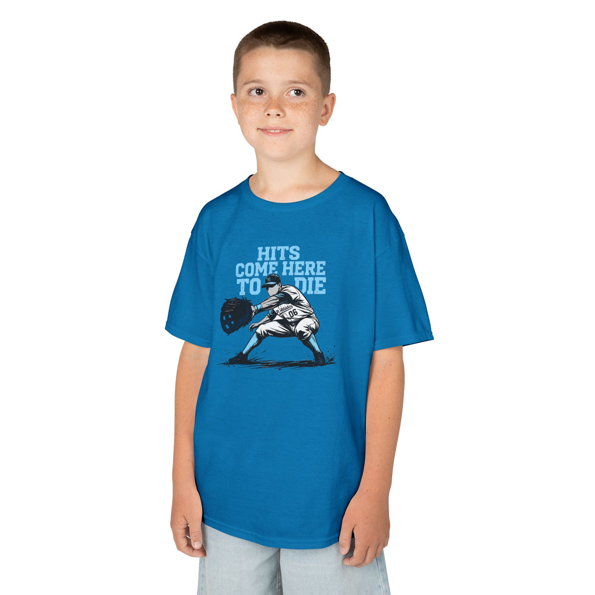 Hits Come Here to Die Infield Youth Baseball Graphic Tee