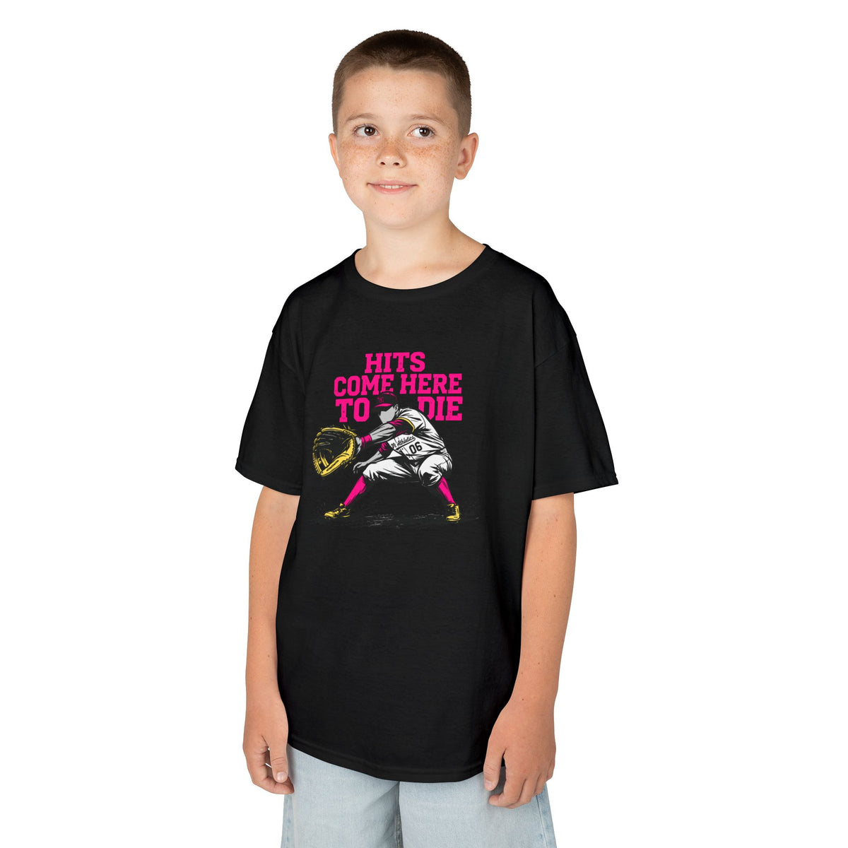 Hits Come Here to Die Infield Youth Baseball Graphic Tee