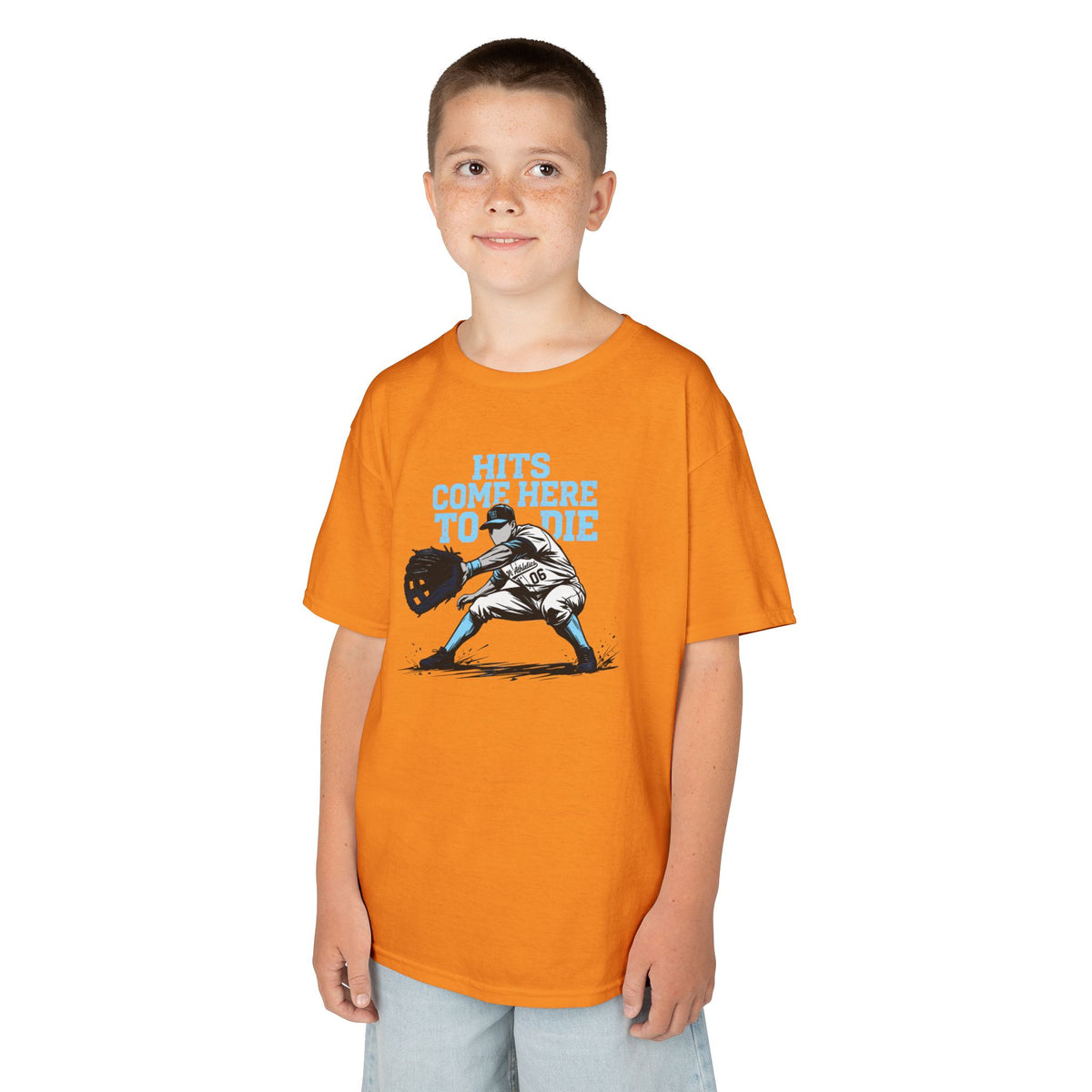 Hits Come Here to Die Infield Youth Baseball Graphic Tee